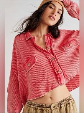 Free People FP One Scout Cropped Waffle Knit Jacket - Coral Pink